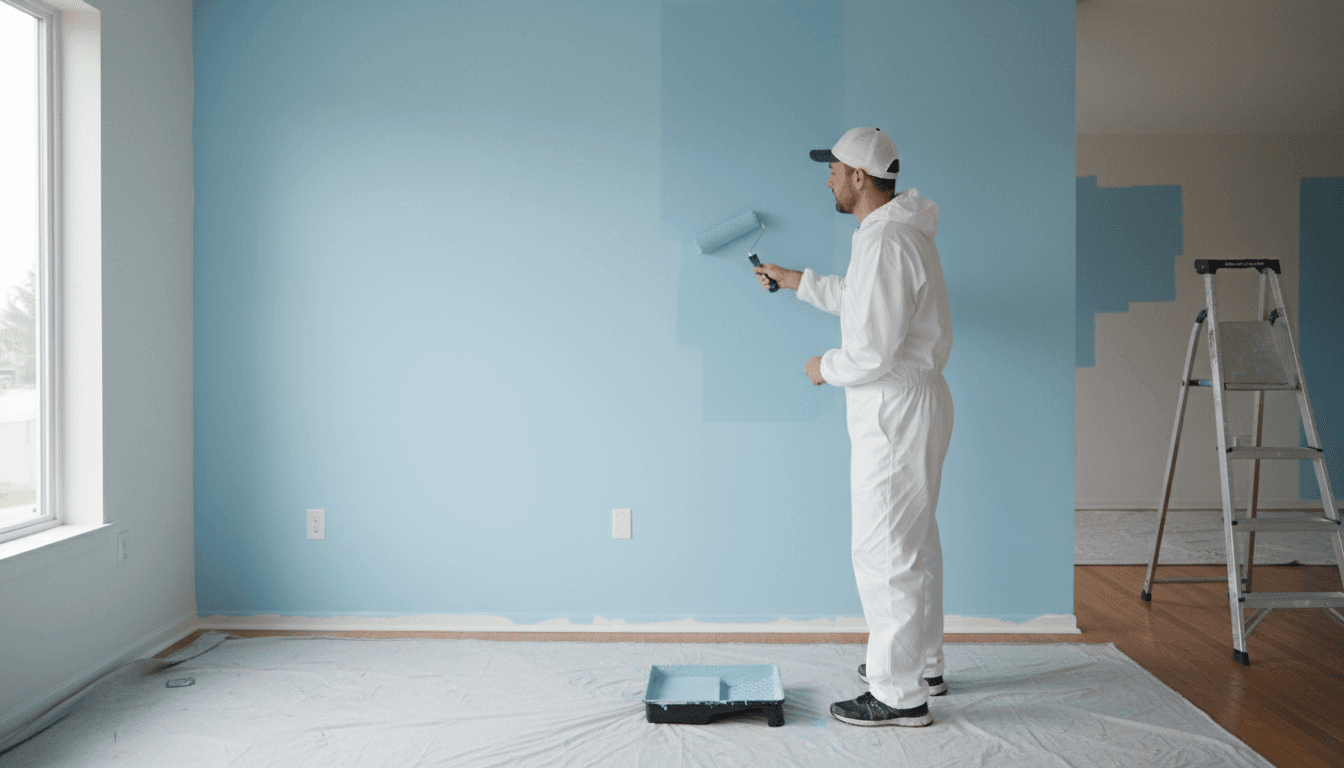 Professioneller Maler streicht sorgfältig eine Innenwand mit hochwertiger Farbe