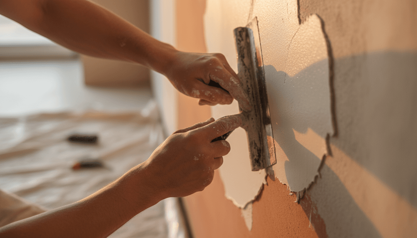 Handwerker verputzt eine Wand mit Spachtelmasse