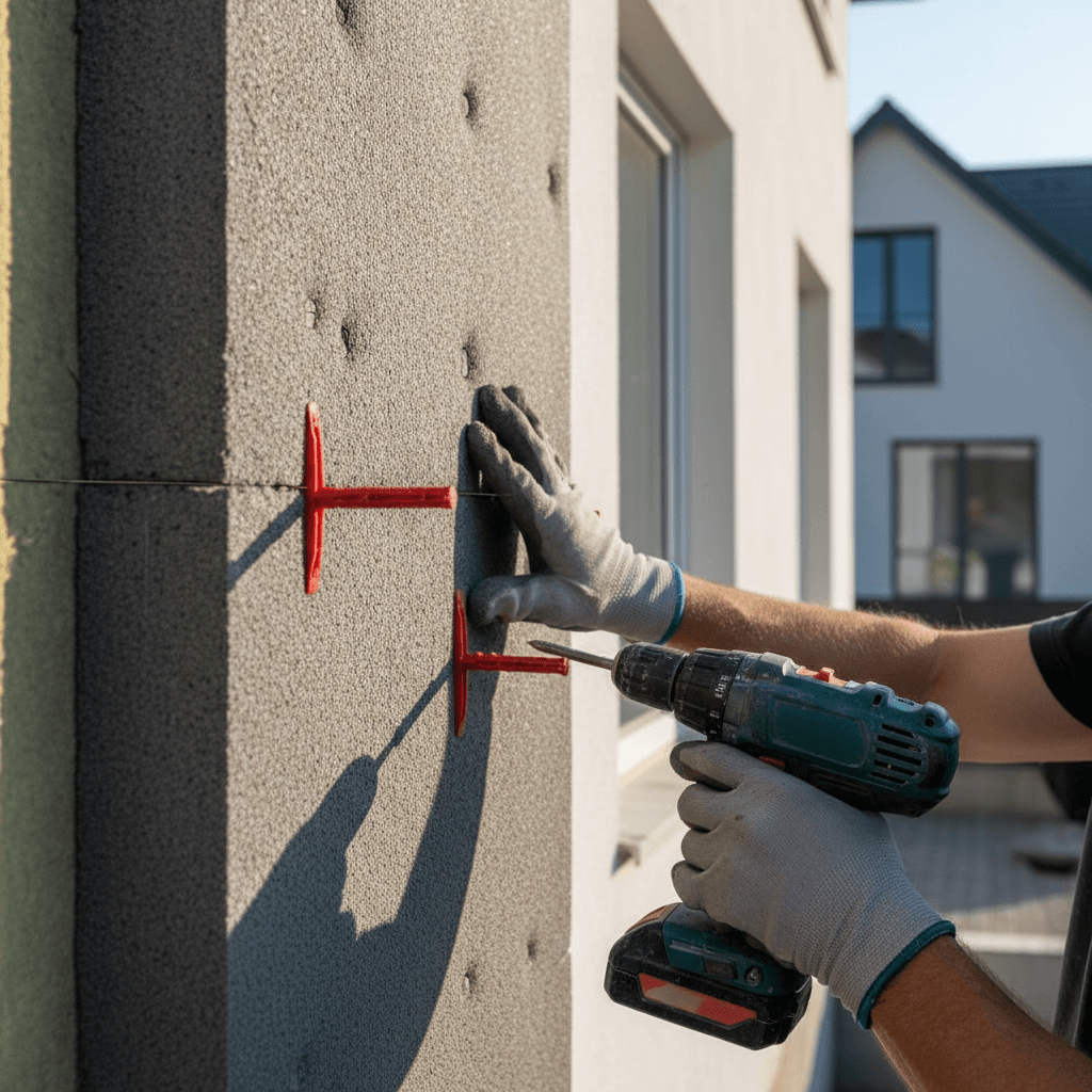 Skilled tradesperson's hands installing facade insulation panels on residential building exterior with precision and expertise