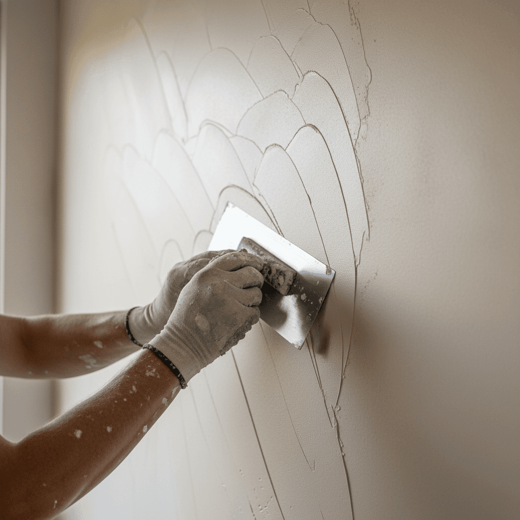 Plasterer's hands skillfully applying Venetian plaster to interior wall with steel trowel under natural light
