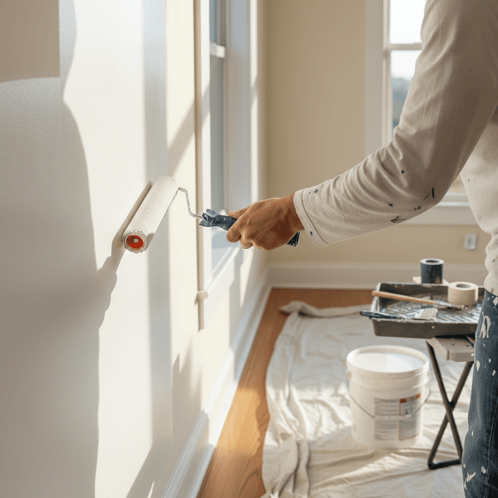 Professional painter's hands applying fresh white paint to interior wall with roller in natural sunlight