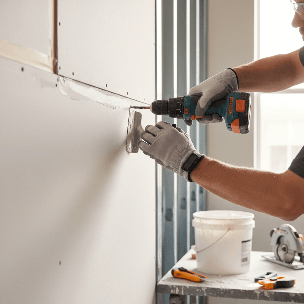 Skilled tradesperson's hands drilling fasteners into drywall panels on metal stud framing in natural light