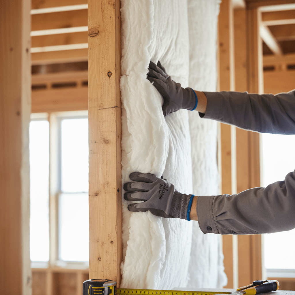 Certified technician installing fiberglass insulation batts between wooden wall studs in residential home with precision and care